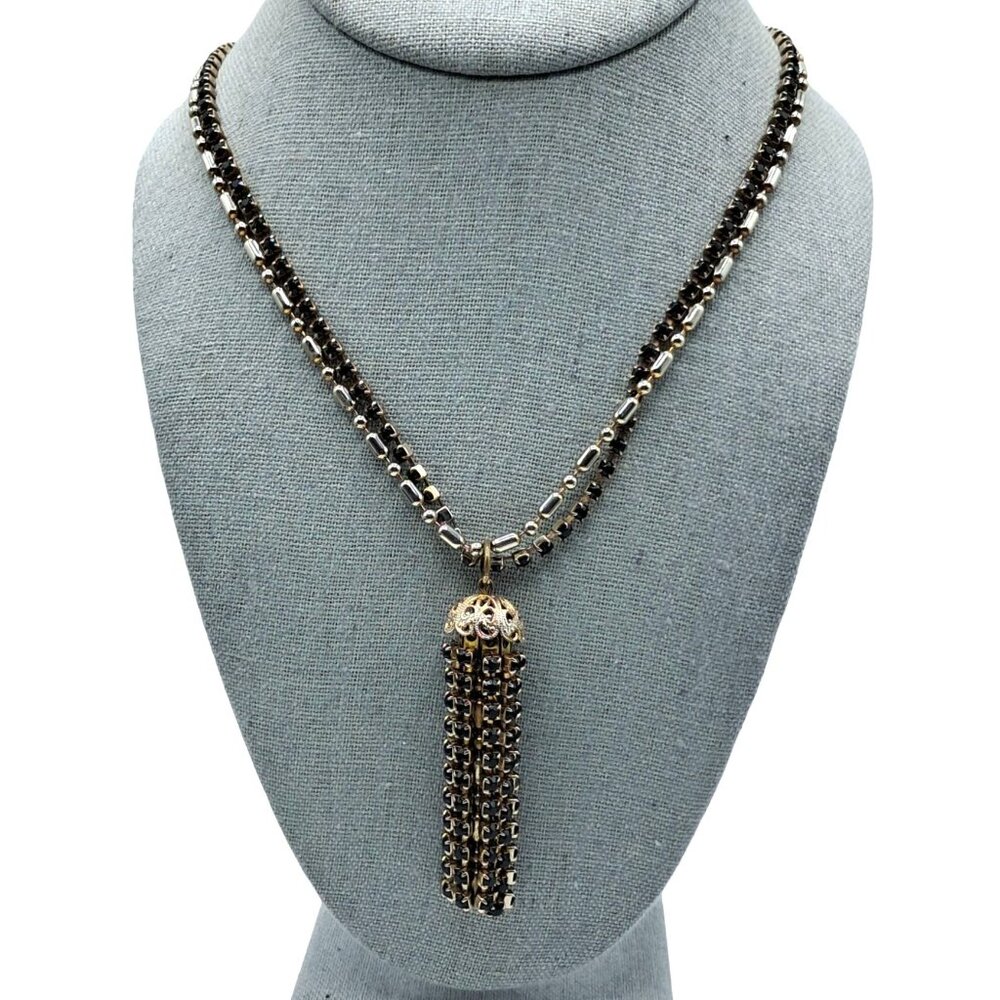 Vintage Weiss Necklace Earrings Set Black Rhinestones Tassel Long Dangling Chain - Picture 3 of 9